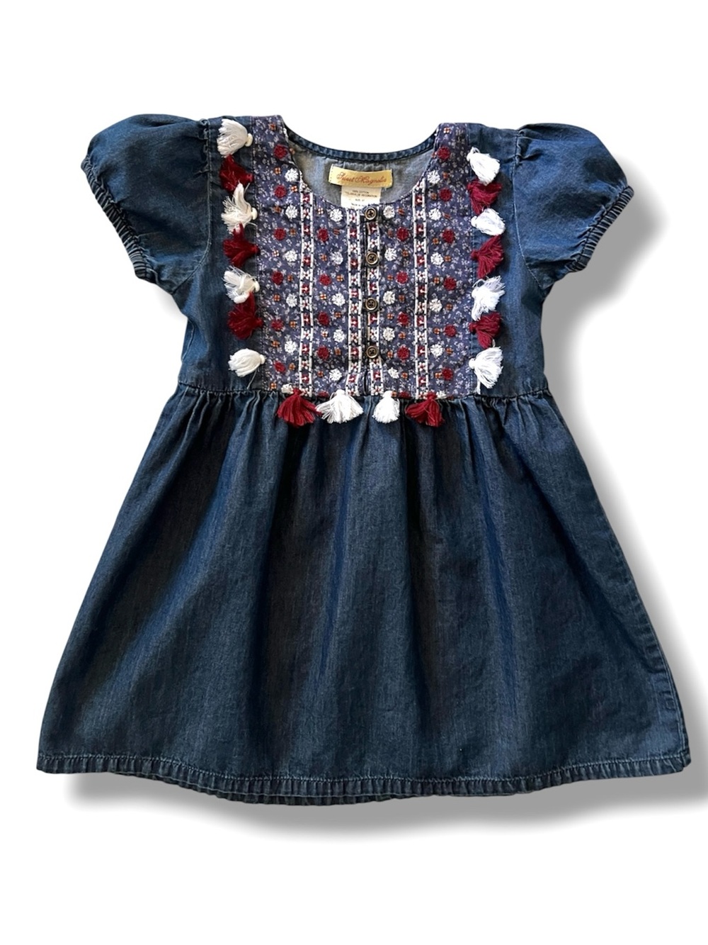 Sweet Magnolia Girls Chambray Embroidered Tassel Boho Dress Puff Sleeve 3T